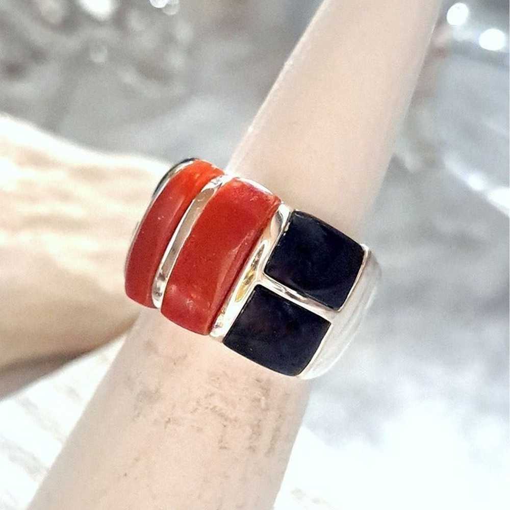 Vintage Segmented Red Coral & Black Onyx Sterling… - image 5