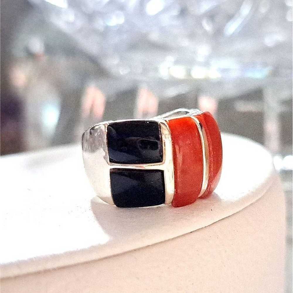 Vintage Segmented Red Coral & Black Onyx Sterling… - image 8