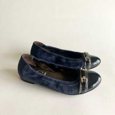 AGL Navy Suede Genuine Leather Black Cap Toe Flats