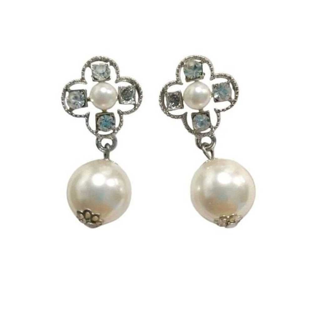 Vintage Faux Pearl Clear Rhinestone  Dangle Drop … - image 1