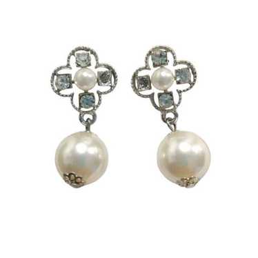 Vintage Faux Pearl Clear Rhinestone  Dangle Drop … - image 1