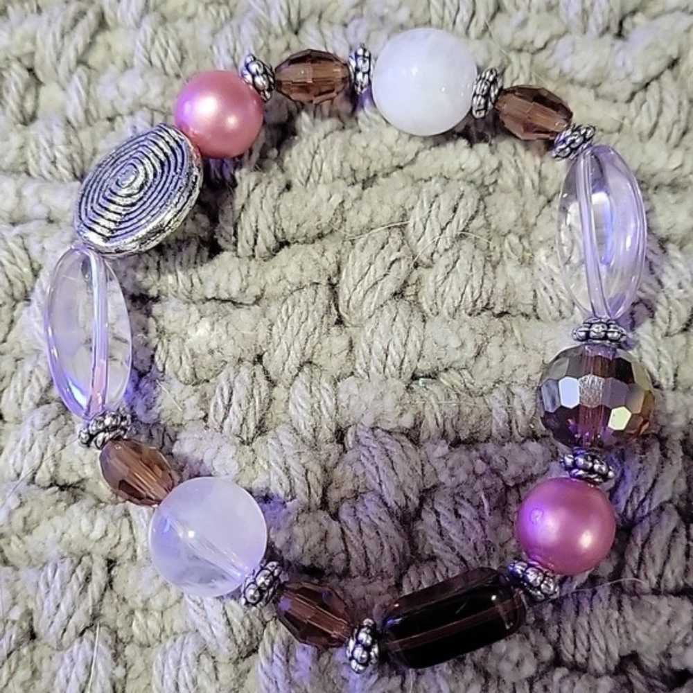 Pink and Clear Glass Beaded Stretchy Bracelet - image 2