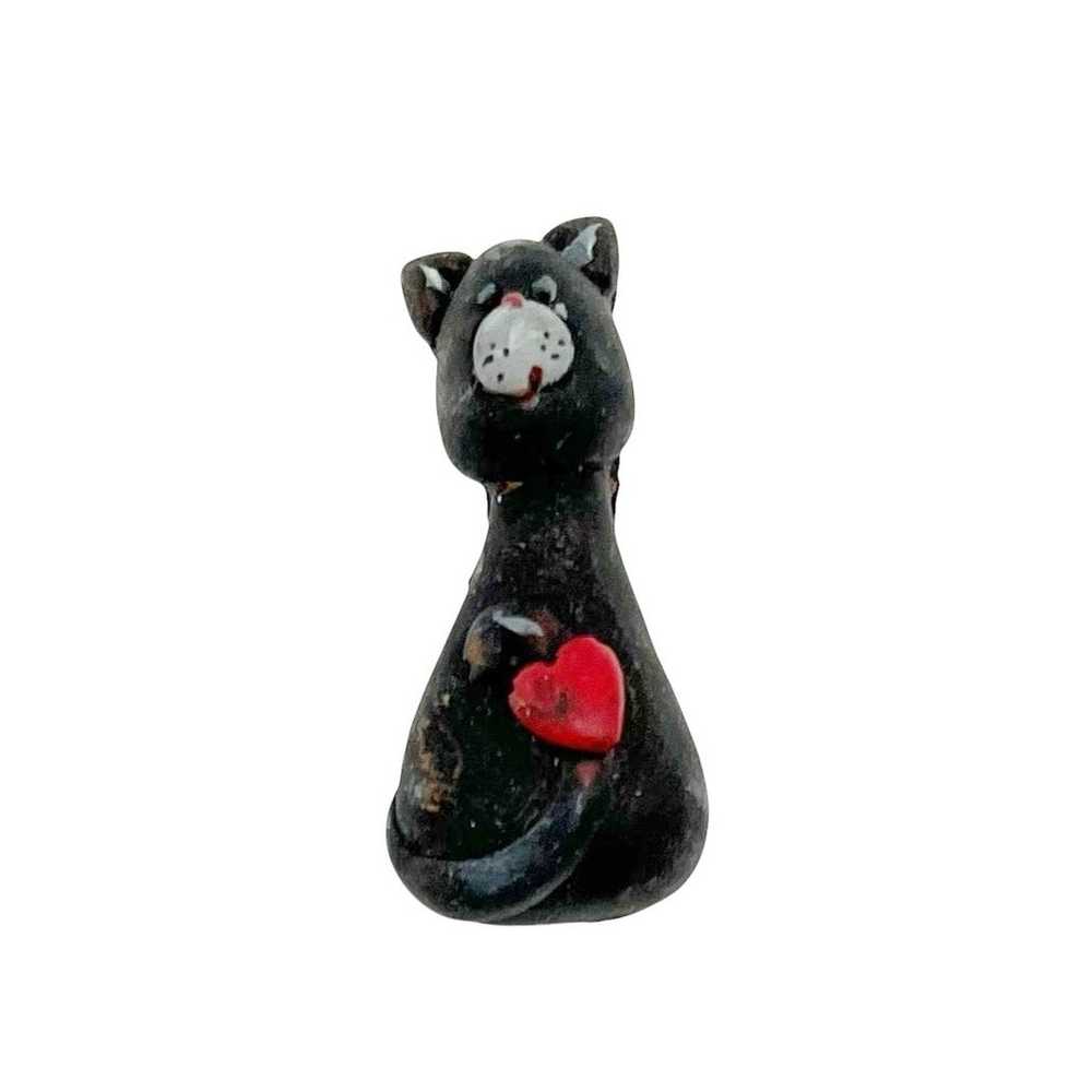 Vintage 80s Hand Painted Black Cat Heart Pin Broo… - image 1