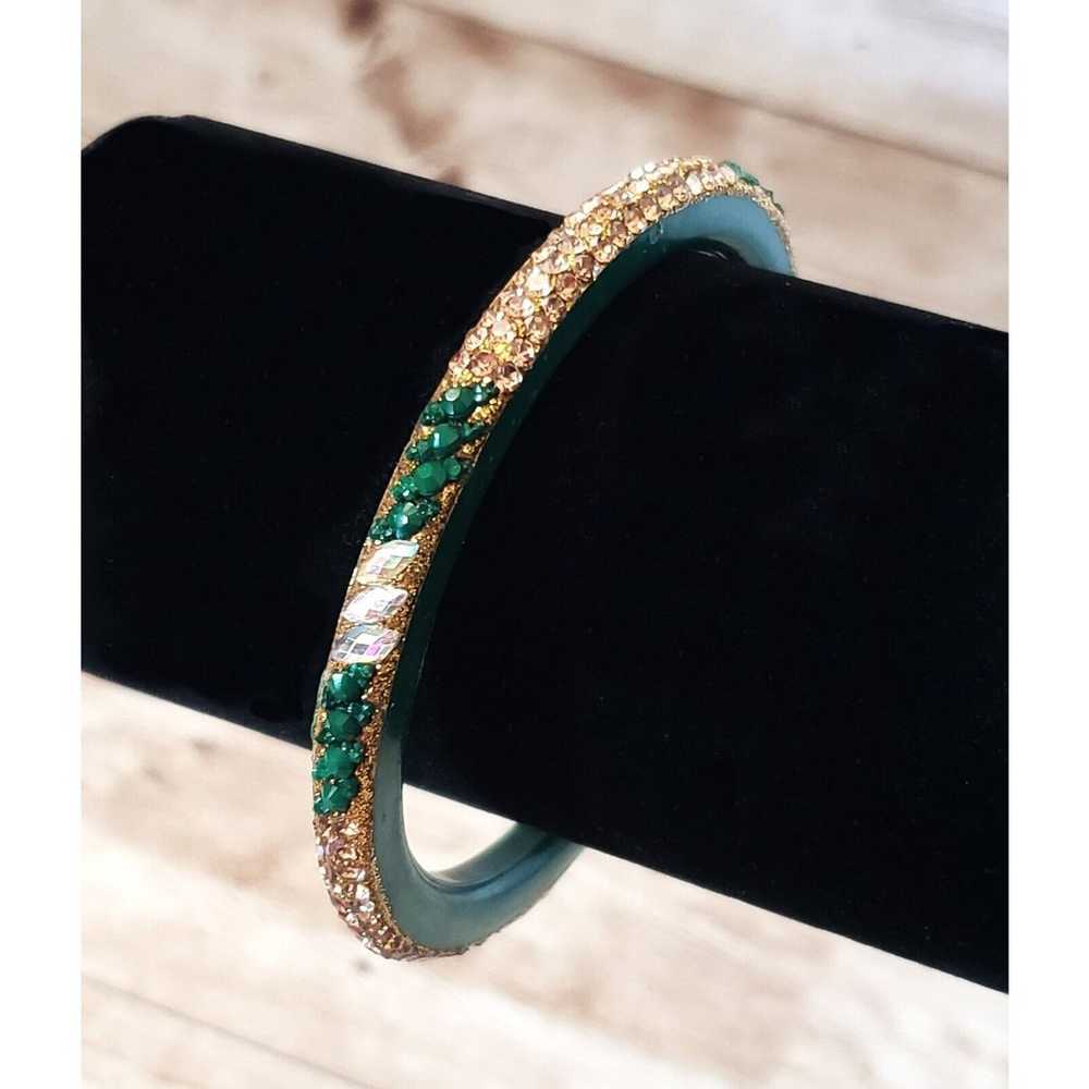 Vintage Bracelet / Bangle - Green & Gold Tone Stu… - image 1