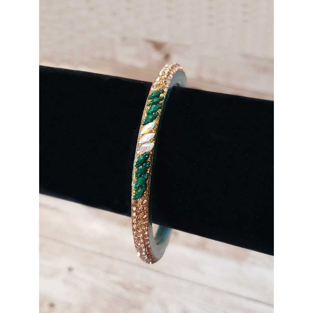 Vintage Bracelet / Bangle - Green & Gold Tone Stu… - image 2