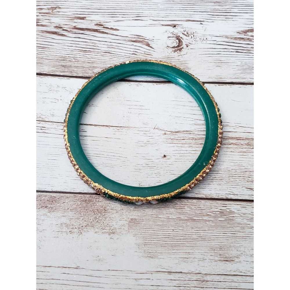 Vintage Bracelet / Bangle - Green & Gold Tone Stu… - image 4