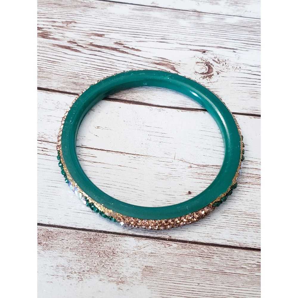 Vintage Bracelet / Bangle - Green & Gold Tone Stu… - image 5