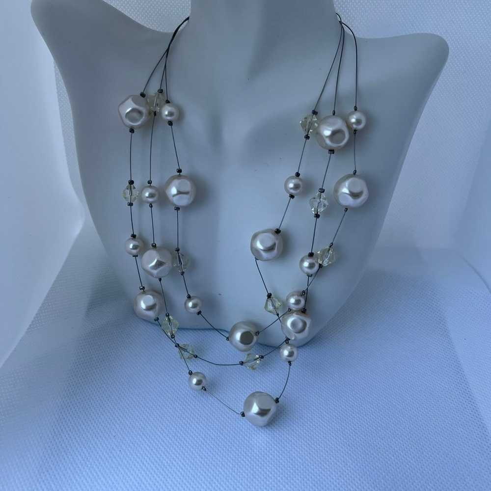 Vintage Silver Tone Three-Layer Faux Pearl  Beade… - image 1