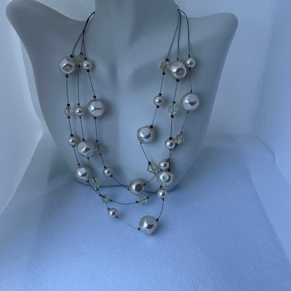 Vintage Silver Tone Three-Layer Faux Pearl  Beade… - image 2