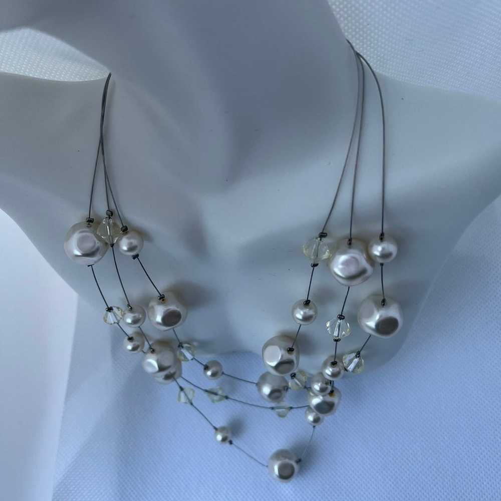 Vintage Silver Tone Three-Layer Faux Pearl  Beade… - image 3