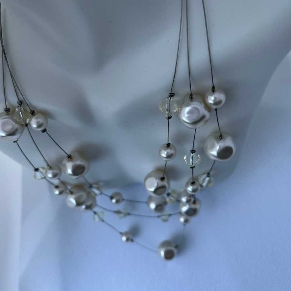 Vintage Silver Tone Three-Layer Faux Pearl  Beade… - image 4