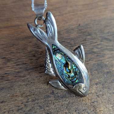 Vintage Mexico Sterling Silver Abalone Fish Penda… - image 1