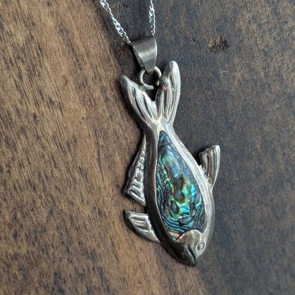 Vintage Mexico Sterling Silver Abalone Fish Penda… - image 5