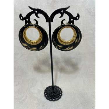 Enameled 80’ Earrings Black & Cream Goldtone - image 1