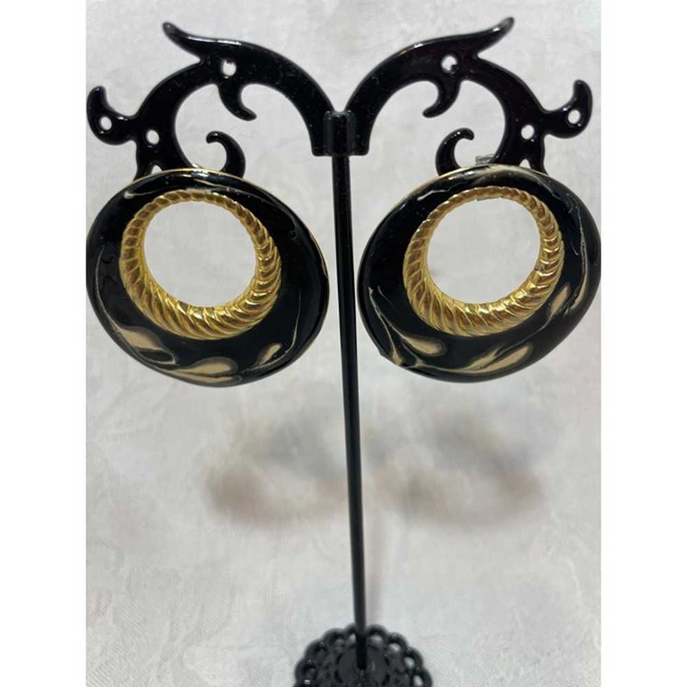 Enameled 80’ Earrings Black & Cream Goldtone - image 4