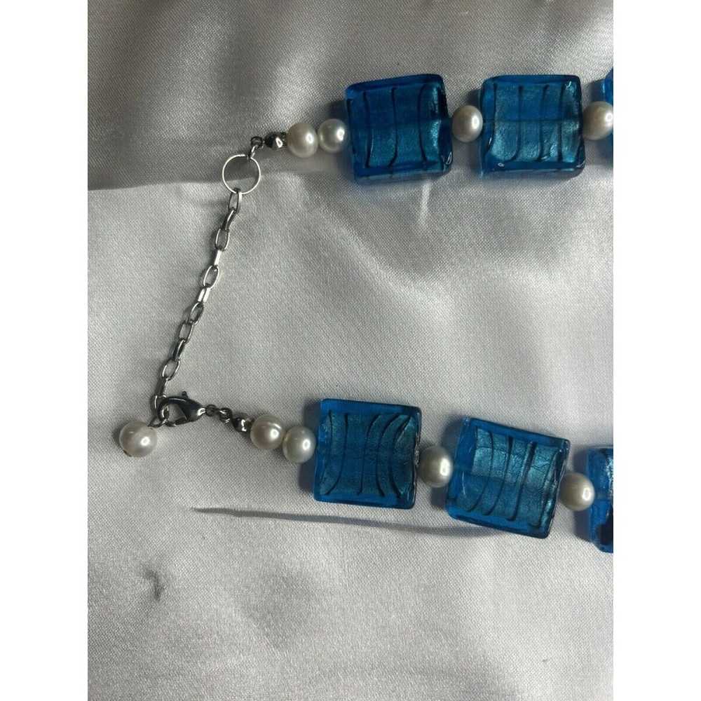 Vintage Blue Glass Square Bead And White Pearl Si… - image 4