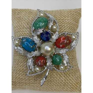 Sarah Coventry Leaf Brooch  Multi Colored 1967 Fa… - image 1