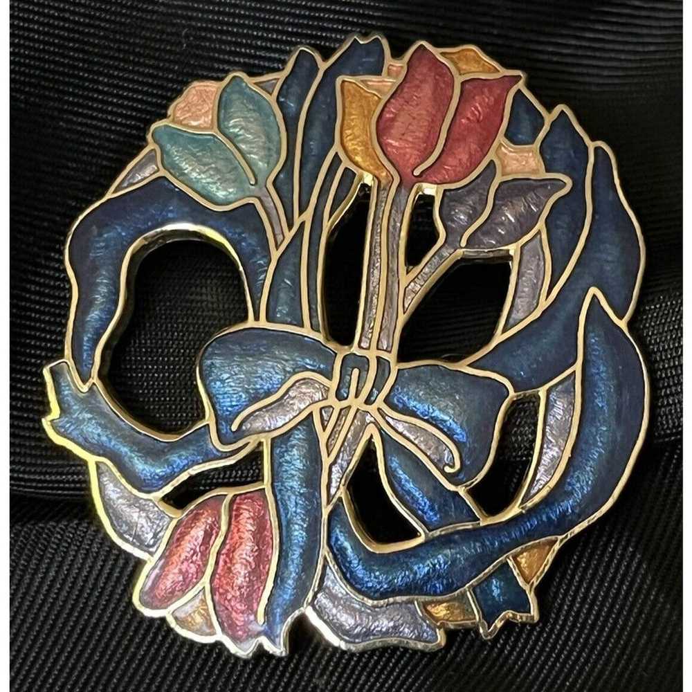 Vintage Enamel Tulip Flower Brooch Pin Openwork G… - image 1