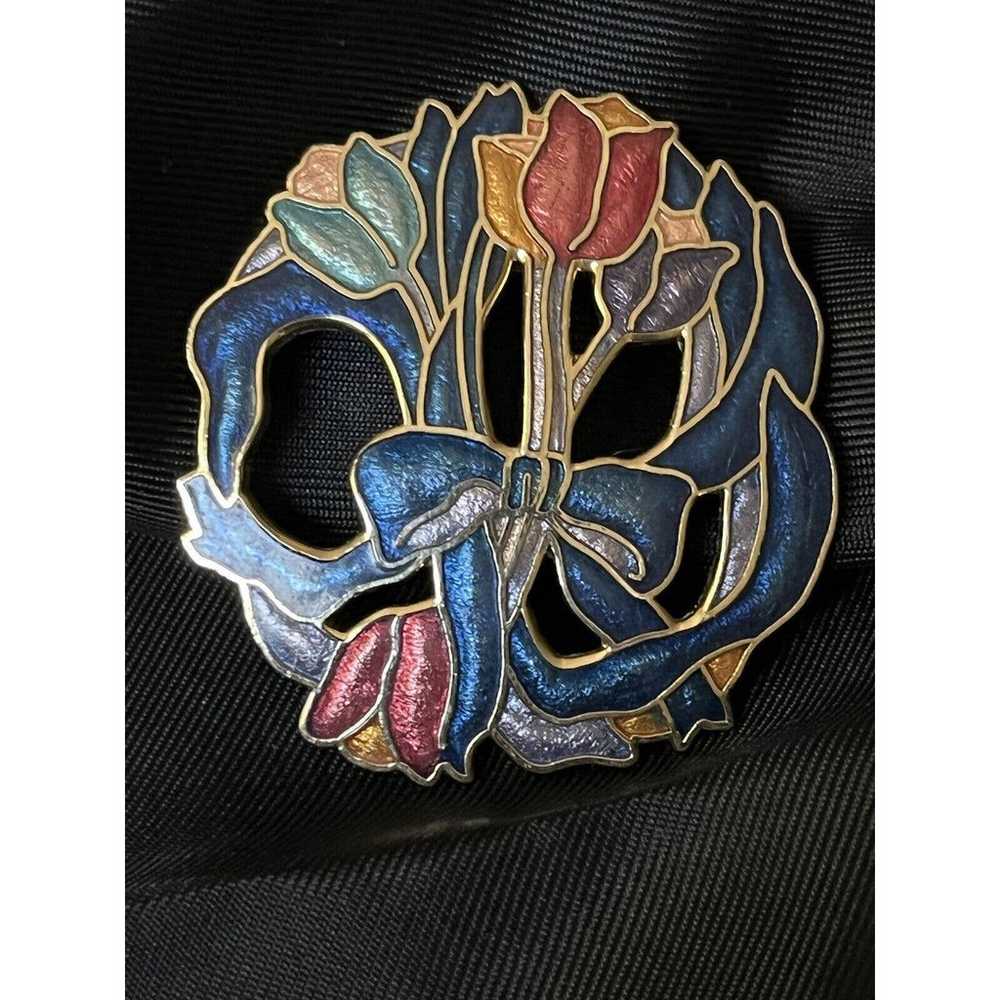 Vintage Enamel Tulip Flower Brooch Pin Openwork G… - image 3