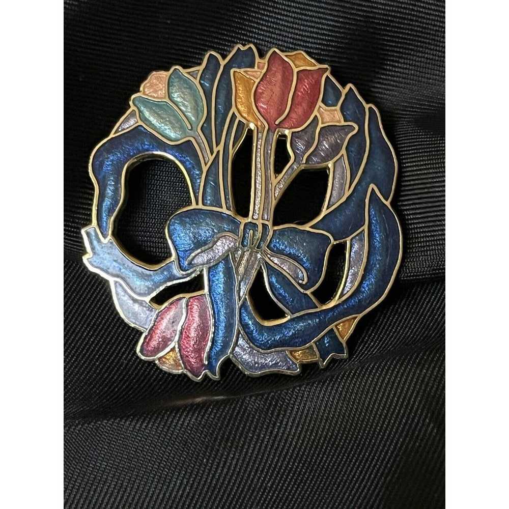 Vintage Enamel Tulip Flower Brooch Pin Openwork G… - image 4