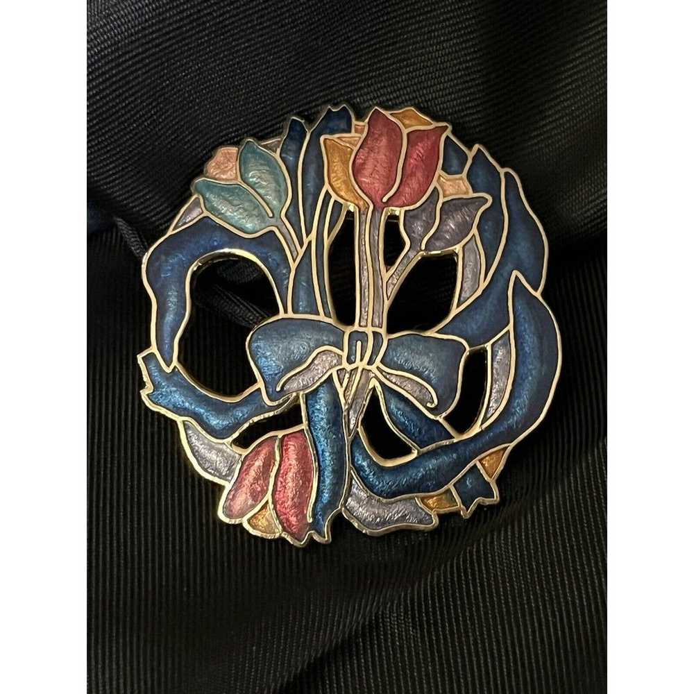 Vintage Enamel Tulip Flower Brooch Pin Openwork G… - image 5