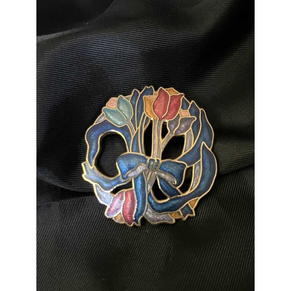 Vintage Enamel Tulip Flower Brooch Pin Openwork G… - image 6