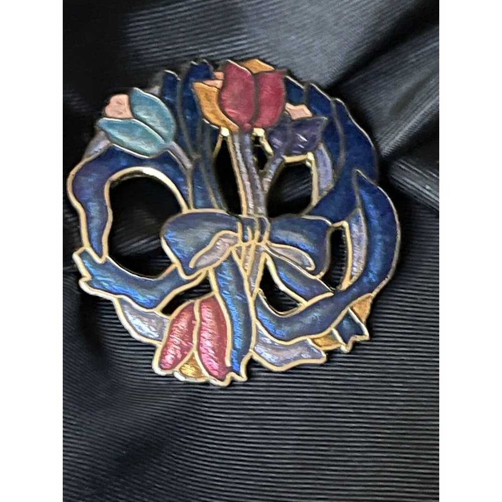 Vintage Enamel Tulip Flower Brooch Pin Openwork G… - image 8