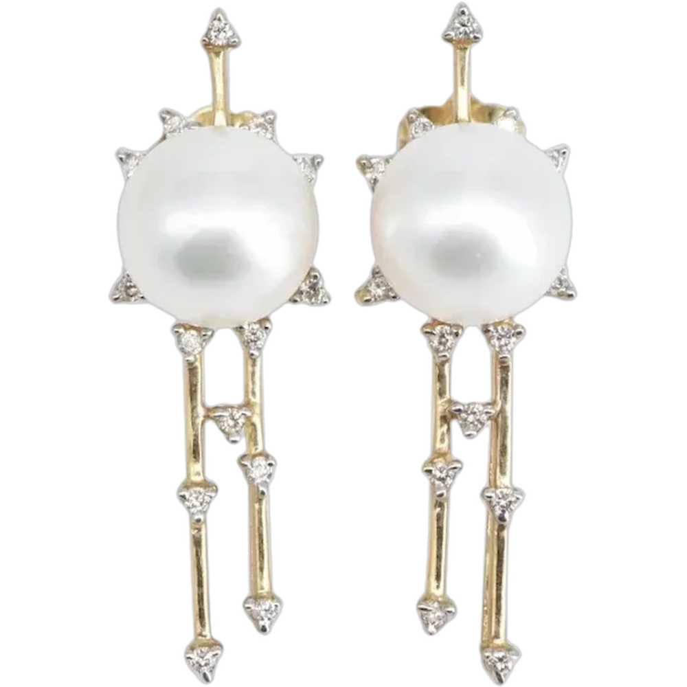 14K Pearl Diamond Halo Drop Bar Statement Earring… - image 1