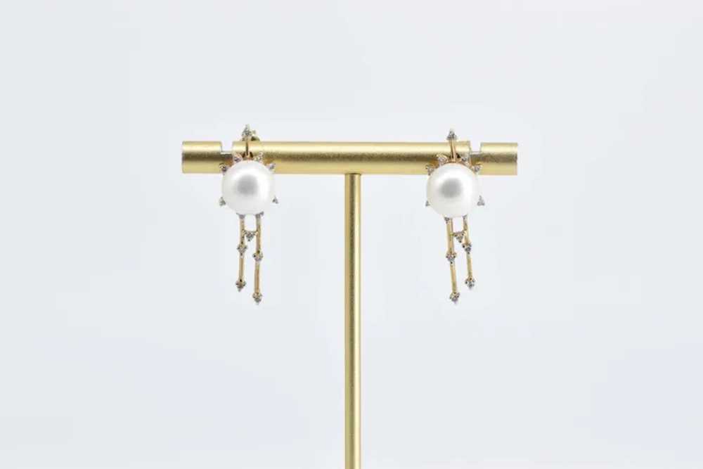 14K Pearl Diamond Halo Drop Bar Statement Earring… - image 5