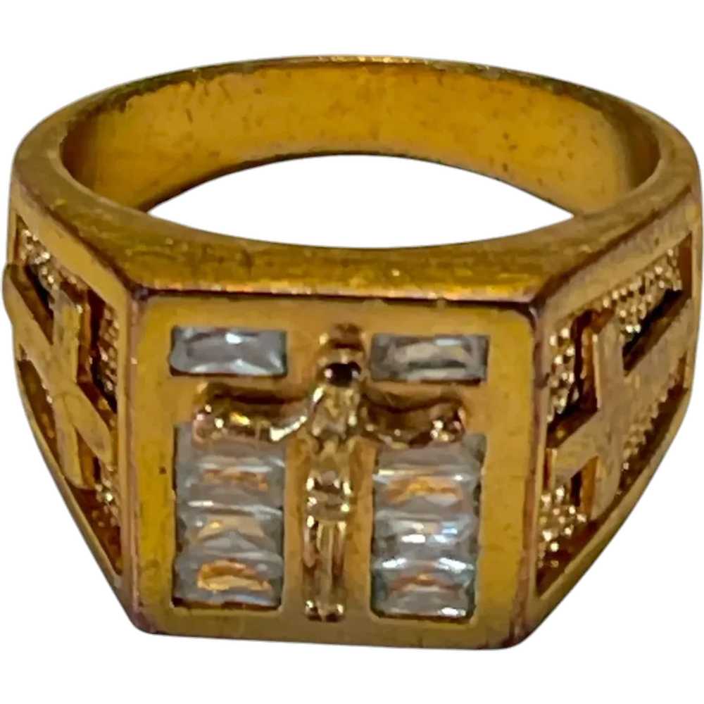 Vintage Gold-Tone Mens Christian Cross Ring With … - image 1