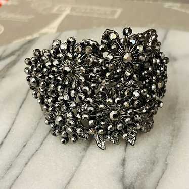 Vintage Flower Cluster Clamper Bracelet Bangle Sil