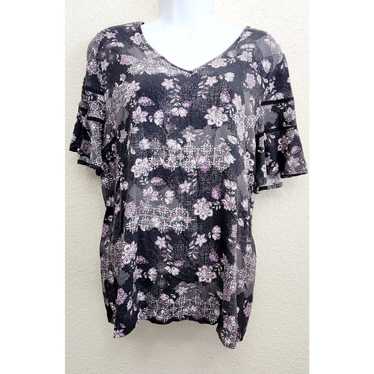 Other Cato Black Purple White Floral Short Bell S… - image 1