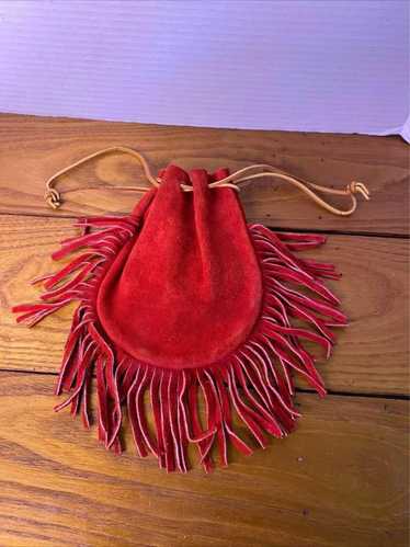 Designer Red Suede Pouch Purse Drawstrings & Fring