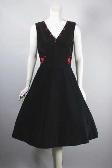 Black velveteen red hearts 1950s dress full skirt 