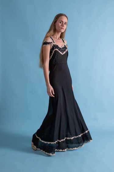 1930s Black Silk Gown with Blue Embroidery [xs/sm/