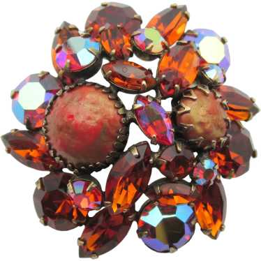 Vintage Regency Copper Rhinestone Art Glass Brooch