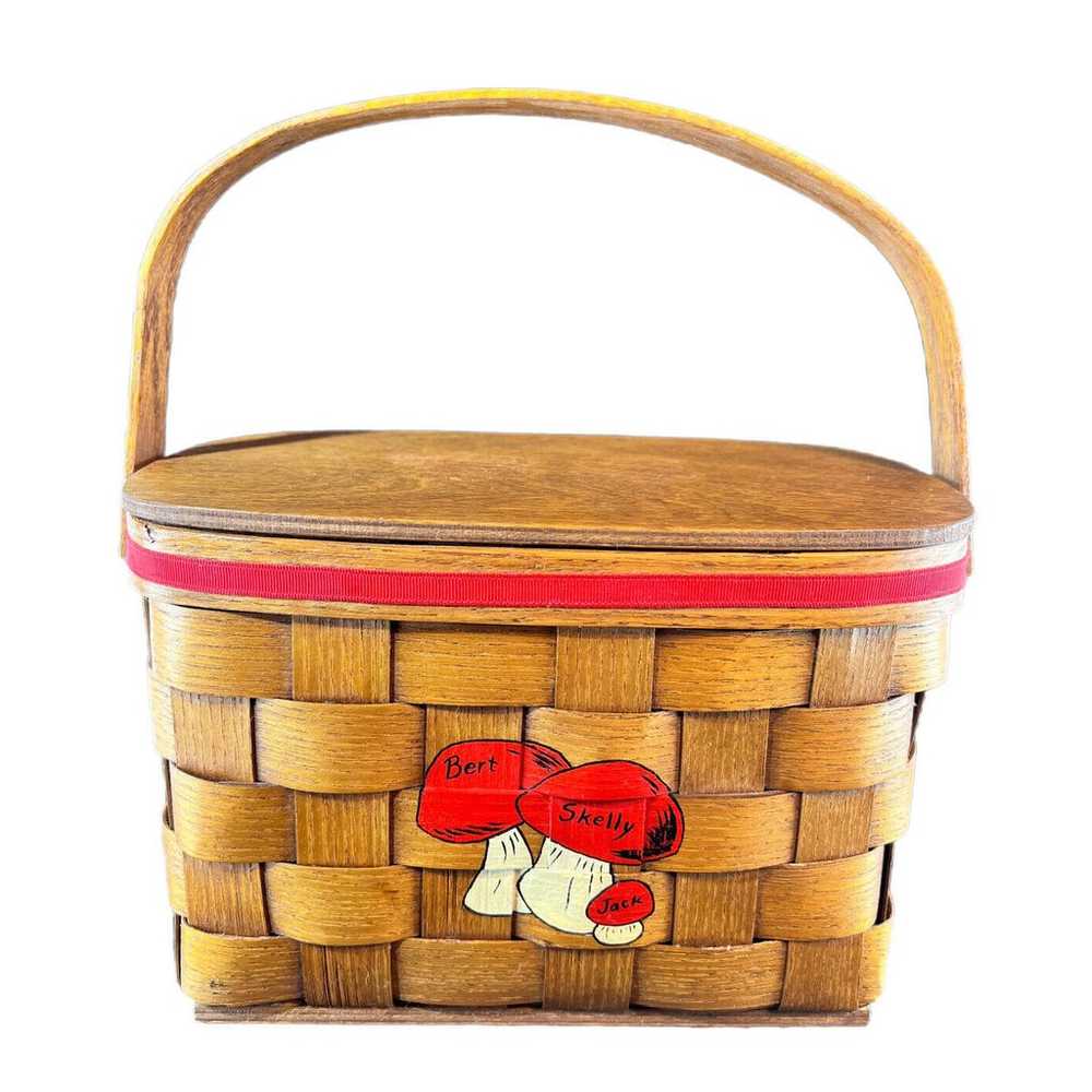 Vintage 1970s Hand Painted Basket Handbag Mushroo… - image 1