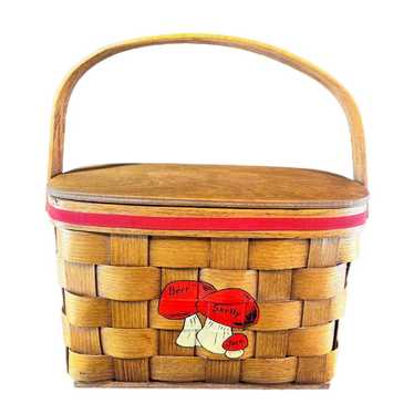 Vintage 1970s Hand Painted Basket Handbag Mushroo… - image 1