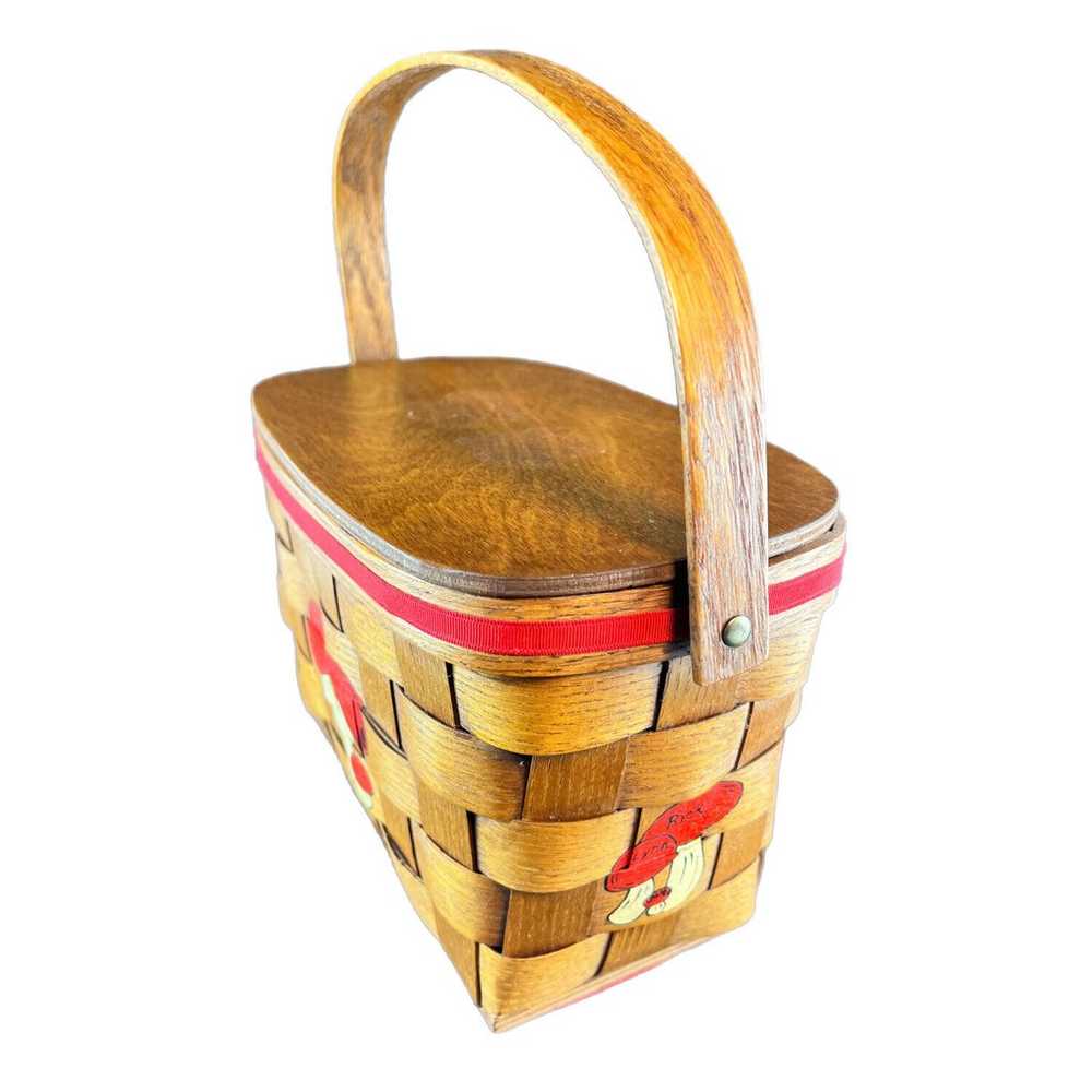 Vintage 1970s Hand Painted Basket Handbag Mushroo… - image 2