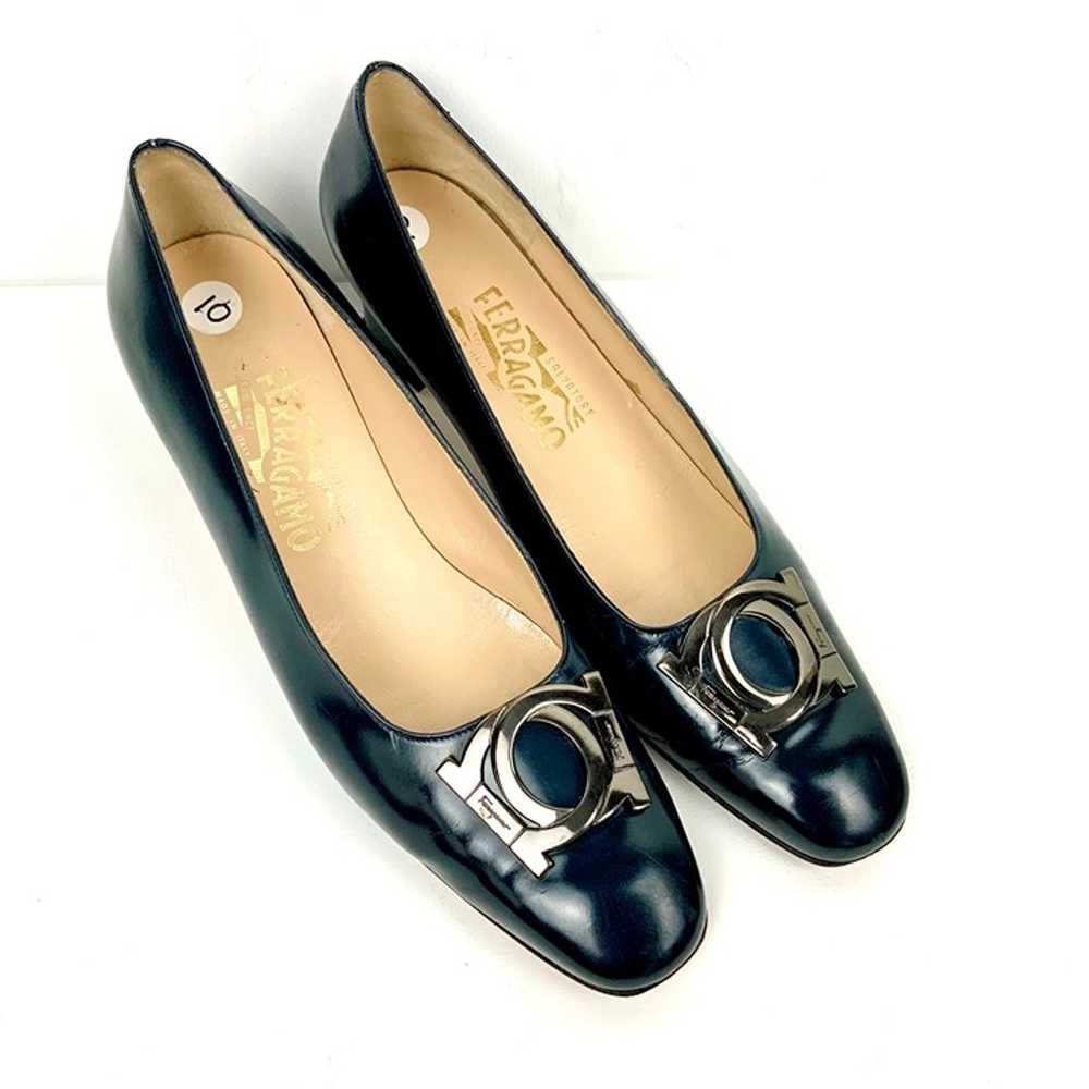 SALVATORE FERRAGAMO Leather Navy Heels With Metal… - image 1