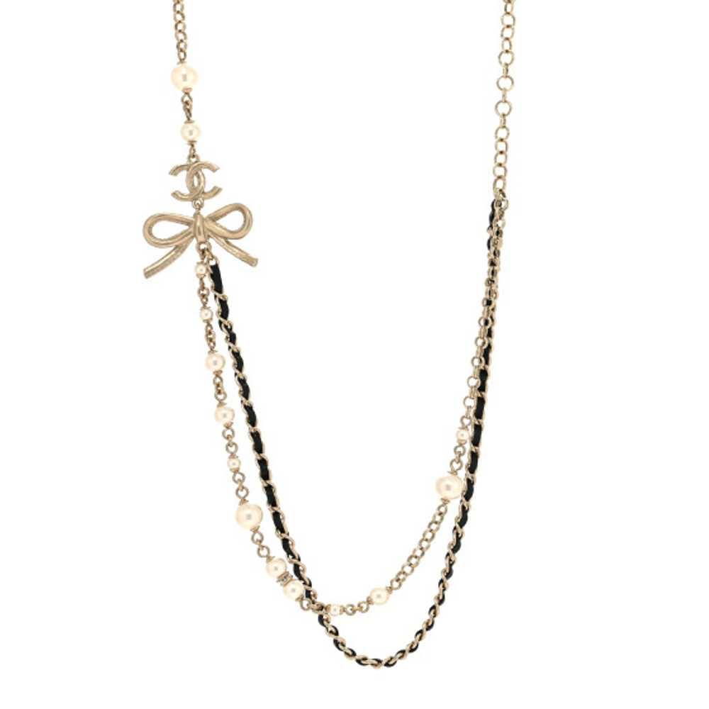 CHANEL Calfskin Pearl Metal CC Bow Necklace Gold … - image 1