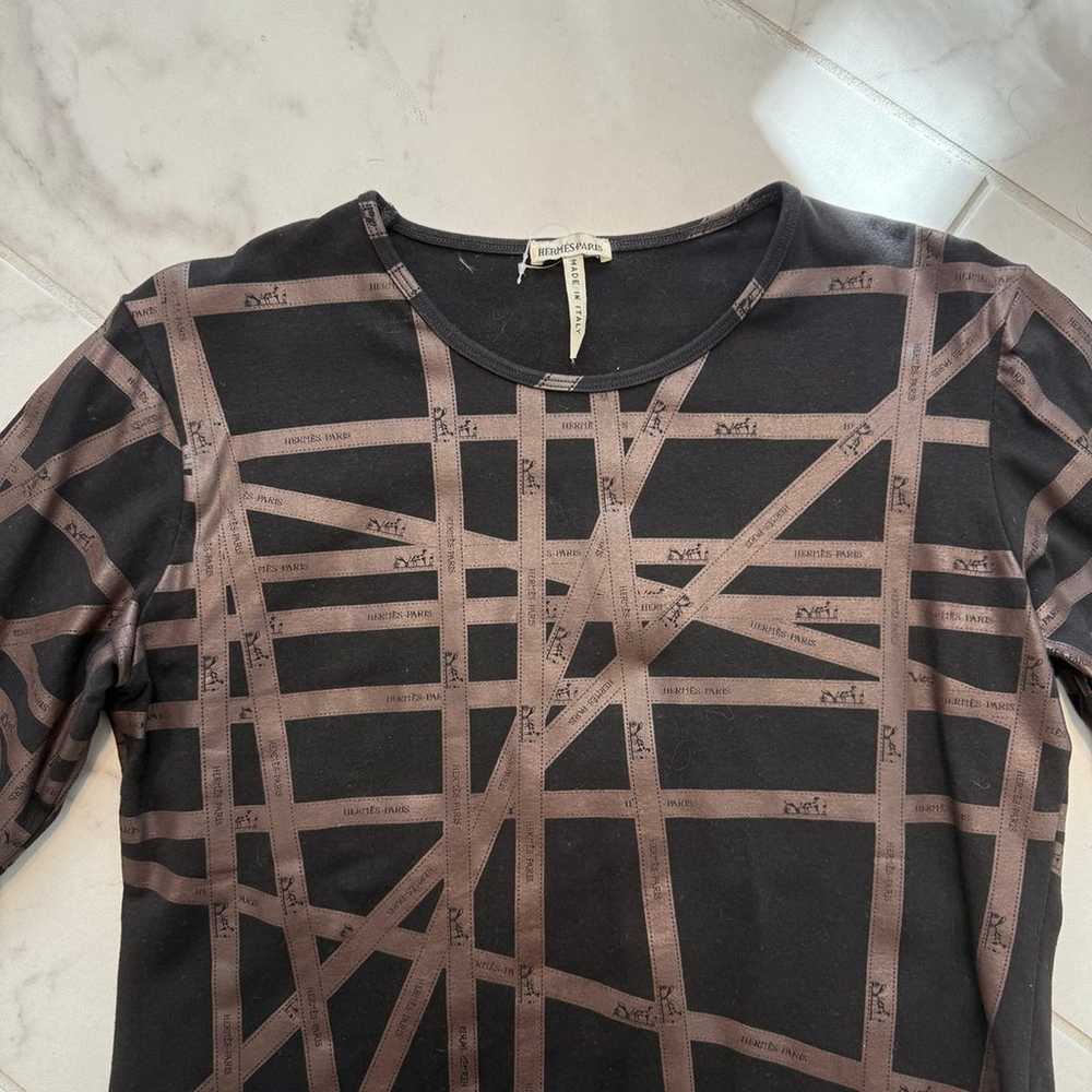 Vintage Hermes Ribbon Long Sleeve Brown Black Top - image 2