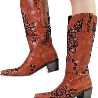 Womens Cowgirl Brown Western Boots, Embroidery Kne