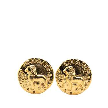 Gold Chanel Gold Plated Lion Round Clip on Earrin… - image 1