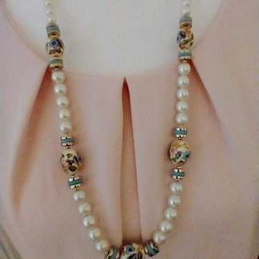 Faux Pearl and Painted Floral Bead Necklace - image 1