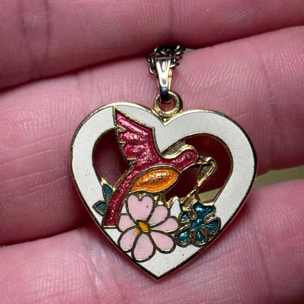 Cloisonné Enamel Bird Heart Pendant Necklace Gold… - image 1