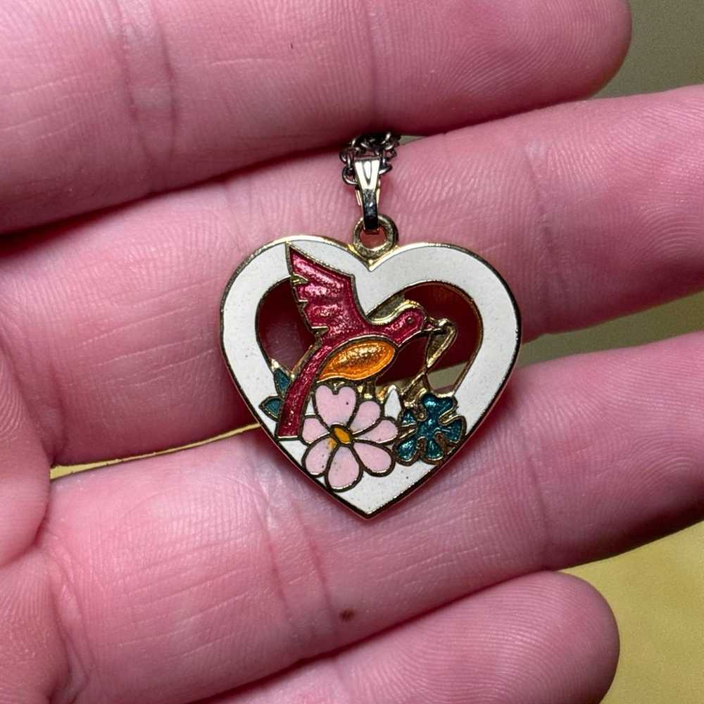 Cloisonné Enamel Bird Heart Pendant Necklace Gold… - image 2