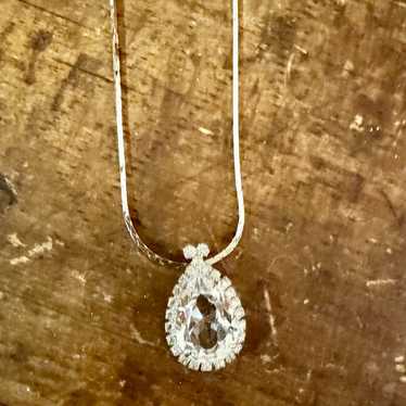 Faux Crystal Teardrop Pendant Necklace Silver Tone