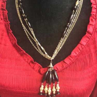 Multi Chain Black Beaded Tassel Necklace - image 1