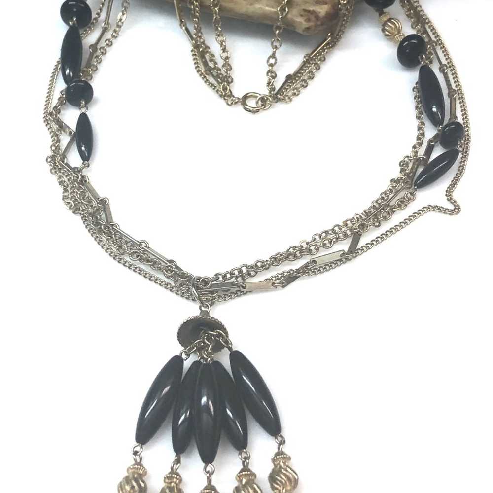 Multi Chain Black Beaded Tassel Necklace - image 3